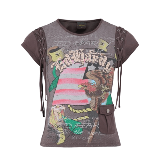 Ed Hardy American Eagle Lace Up Fitted T Shirt Brown