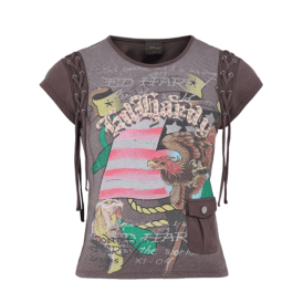 Ed Hardy American Eagle Lace Up Fitted T Shirt Brown