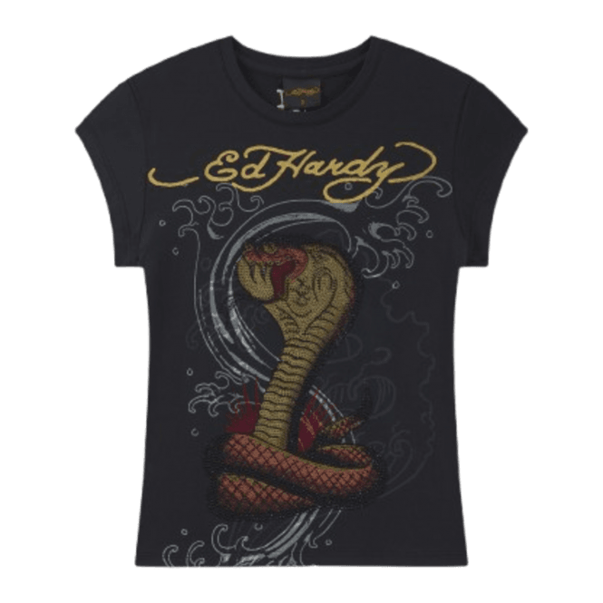 Ed Hardy Diamante Snakebite Fitted Cap Sleeve T Shirt Black