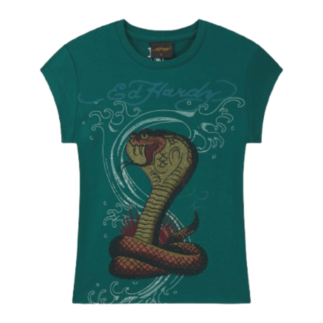 Ed Hardy Diamante Snakebite Fitted Cap Sleeve T Shirt Teal