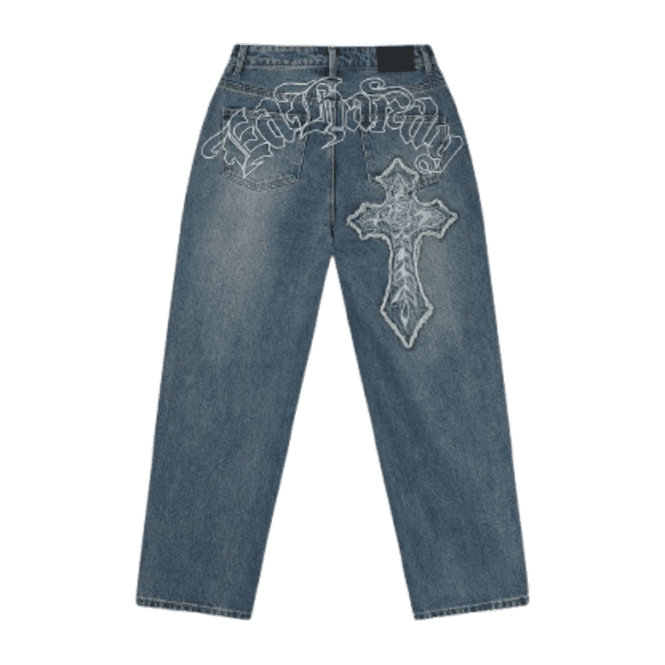 Ed Hardy Gothic Cross Relaxed Jeans in Mid Blue