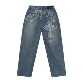 Ed Hardy Gothic Cross Relaxed Jeans in Mid Blue