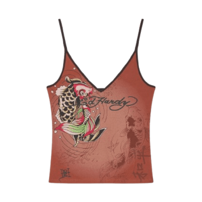 Ed Hardy Koi Pond Fitted Vest Top in Tobacco