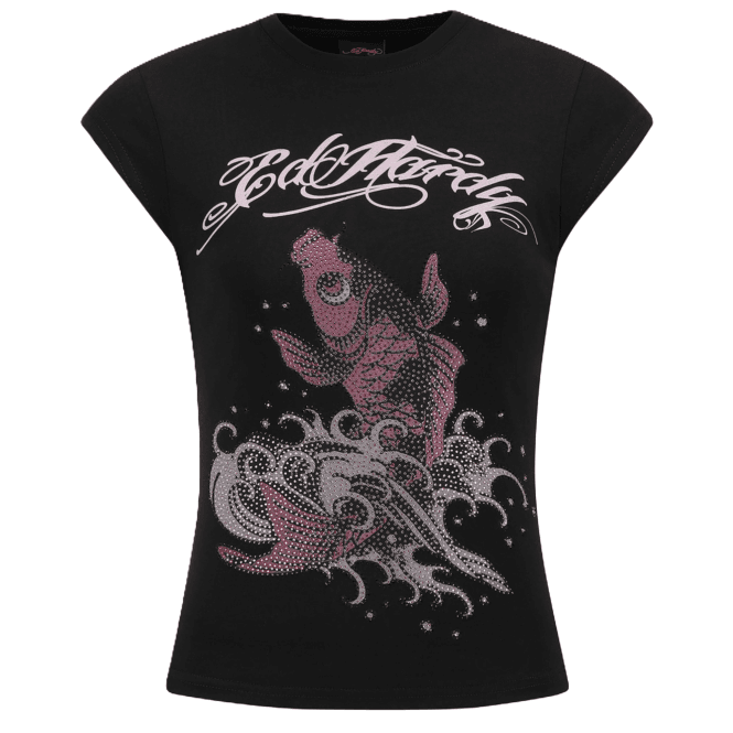 Ed Hardy Women's Koi Fish Diamante Cap Sleeve Top - Black