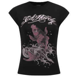 Ed Hardy Women's Koi Fish Diamante Cap Sleeve Top - Black