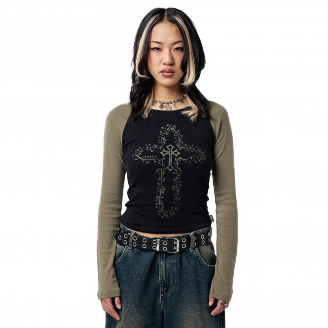 Minga London Hollow Cross Graphic Top in Brown and Black