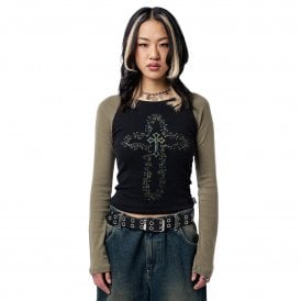 Minga London Hollow Cross Graphic Top in Brown and Black