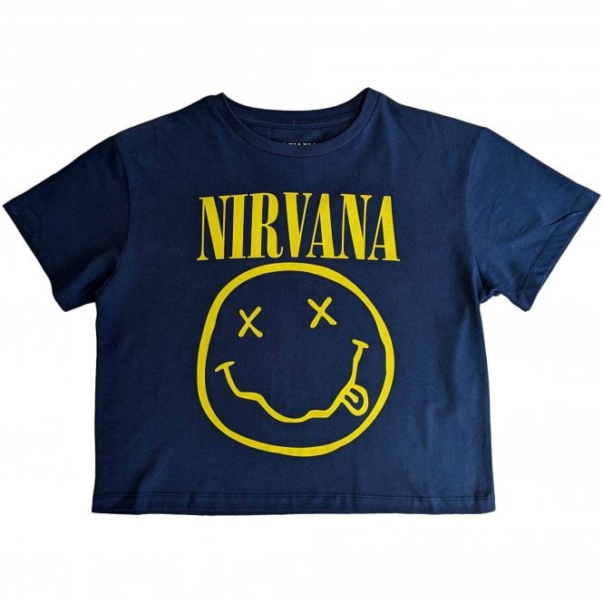 Rock Off Crop Nirvana Yellow Happy Face Flower in Denim