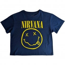 Rock Off Crop Nirvana Yellow Happy Face Flower in Denim