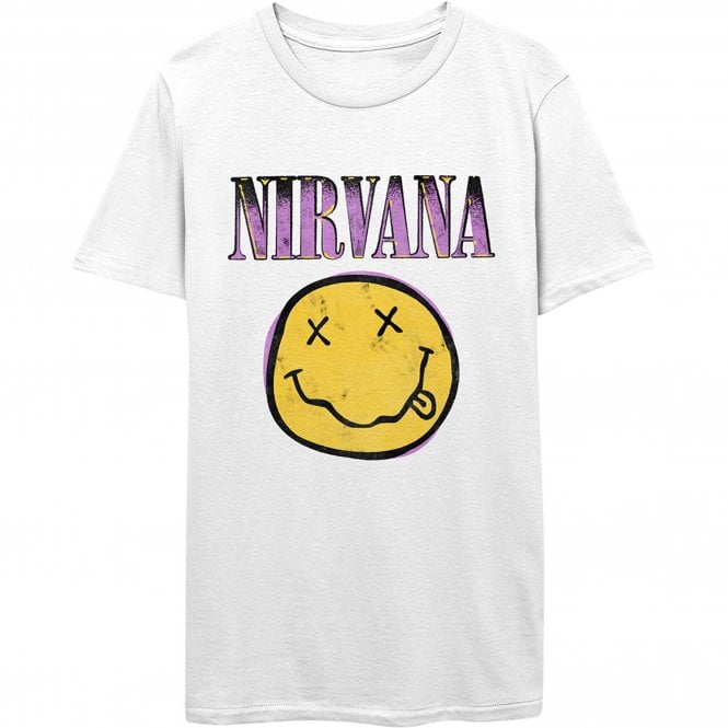 Rock Off Nirvana Zerox Happy Face Pink / Purple T Shirt in White