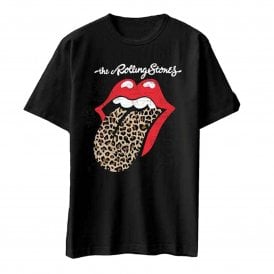 Rock Off Rolling Stones Leopard Print Tongue T Shirt in Black